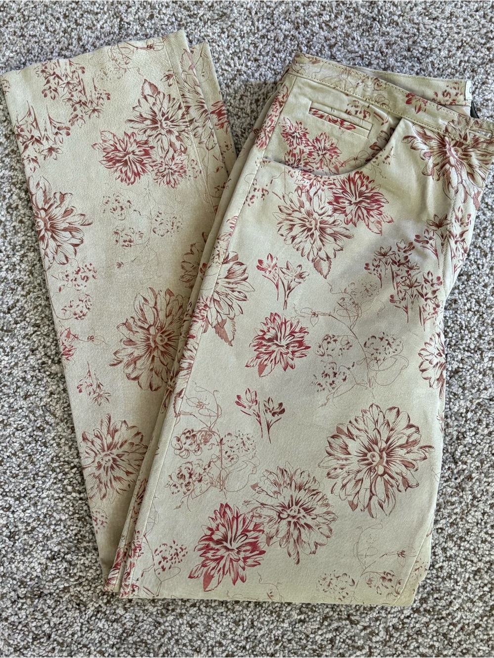 Women's Floral Print Beige and Dusty Rose 100% Leather Pants